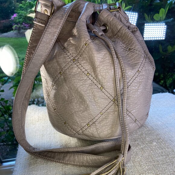 O'Neill Handbags - O'Neill grey vegan buttery soft leather bucket draw-string studded crossbody bag